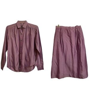 F.A. MacCluer 80s Striped Silk Twill Tailored Button Down Blouse & Skirt Size 10